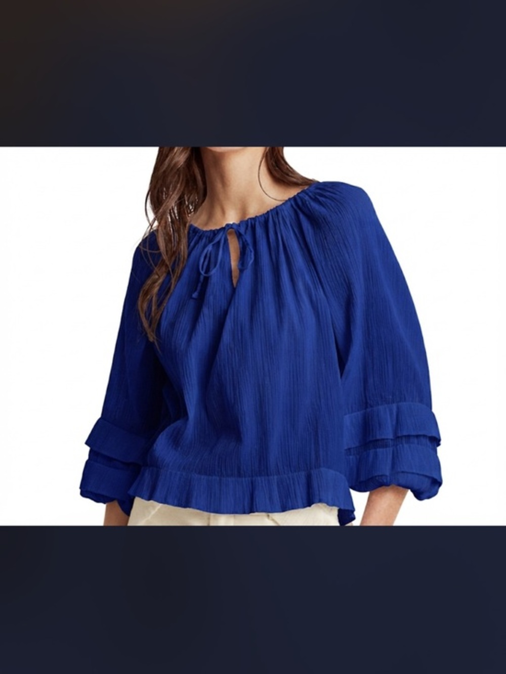 LAUREN Ralph Lauren Royal Blue Off-the-Shoulder Ruffle Sleeve Peasant Top XS